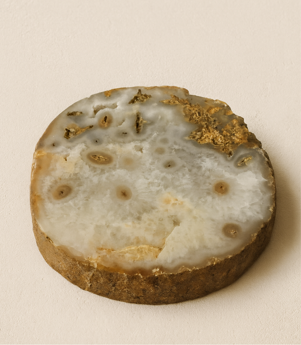 Thick semi-polished agate round tray from Brazil with natural beige, brown, and gray banding, displayed on neutral plaster background.”