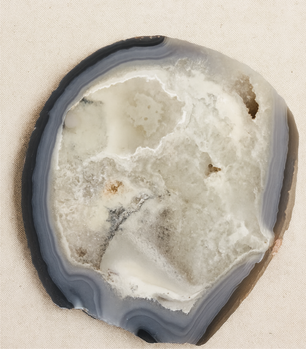 Blue gray and white agate round tray, natural stone with crystalline quartz details, approx. 8 inches, luxury decor piece by Luxe Natural Decor.