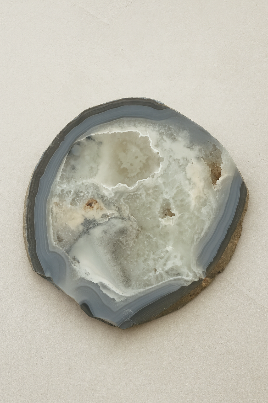 Blue gray and white agate round tray, natural stone with crystalline quartz details, approx. 8 inches, luxury decor piece by Luxe Natural Decor.