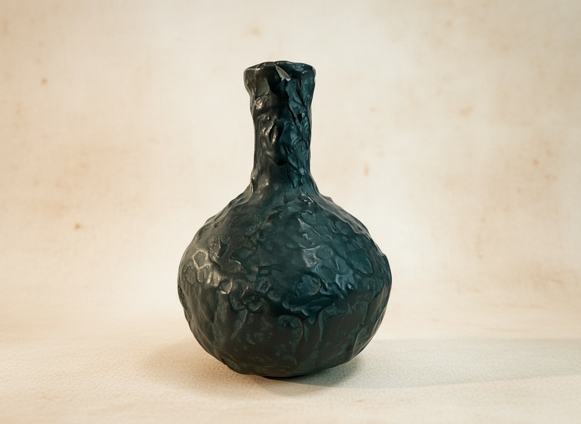 Textured black vase with dried lavender on a beige background