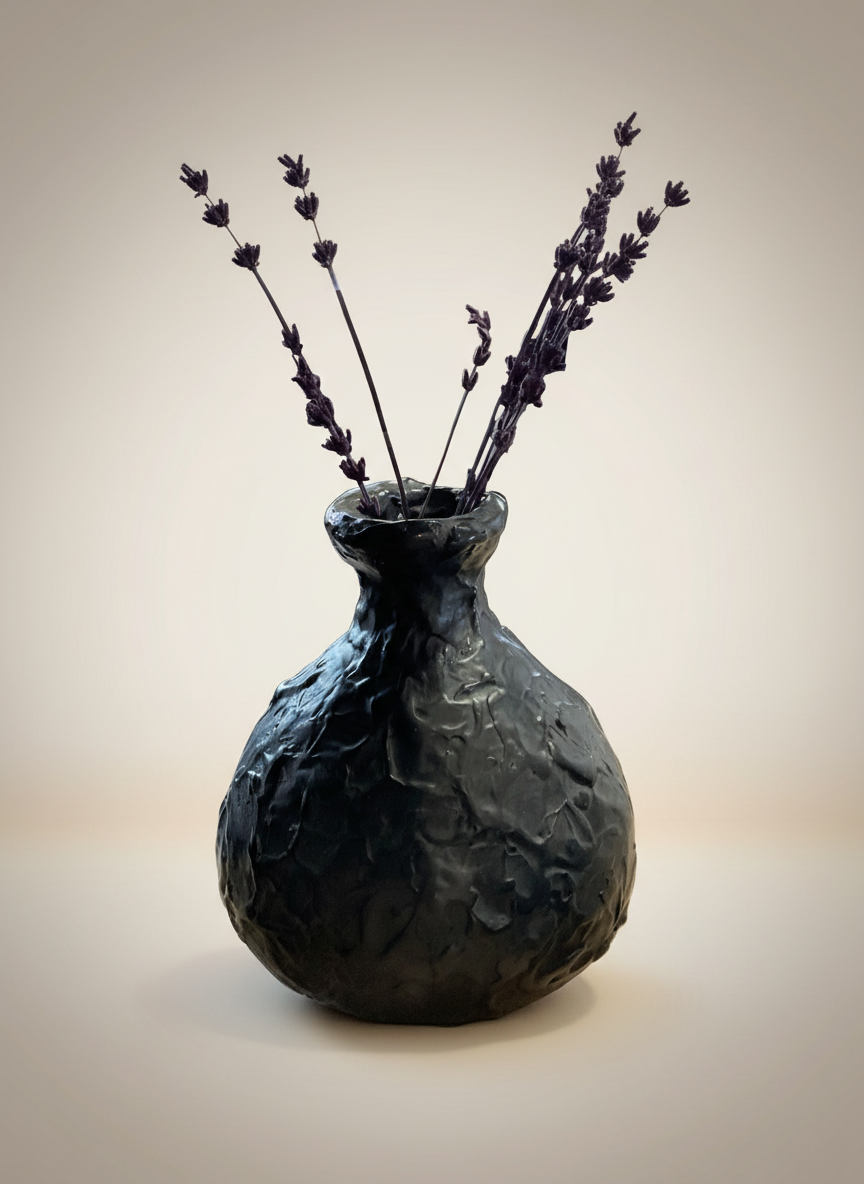 Textured black vase with dried lavender on a beige background