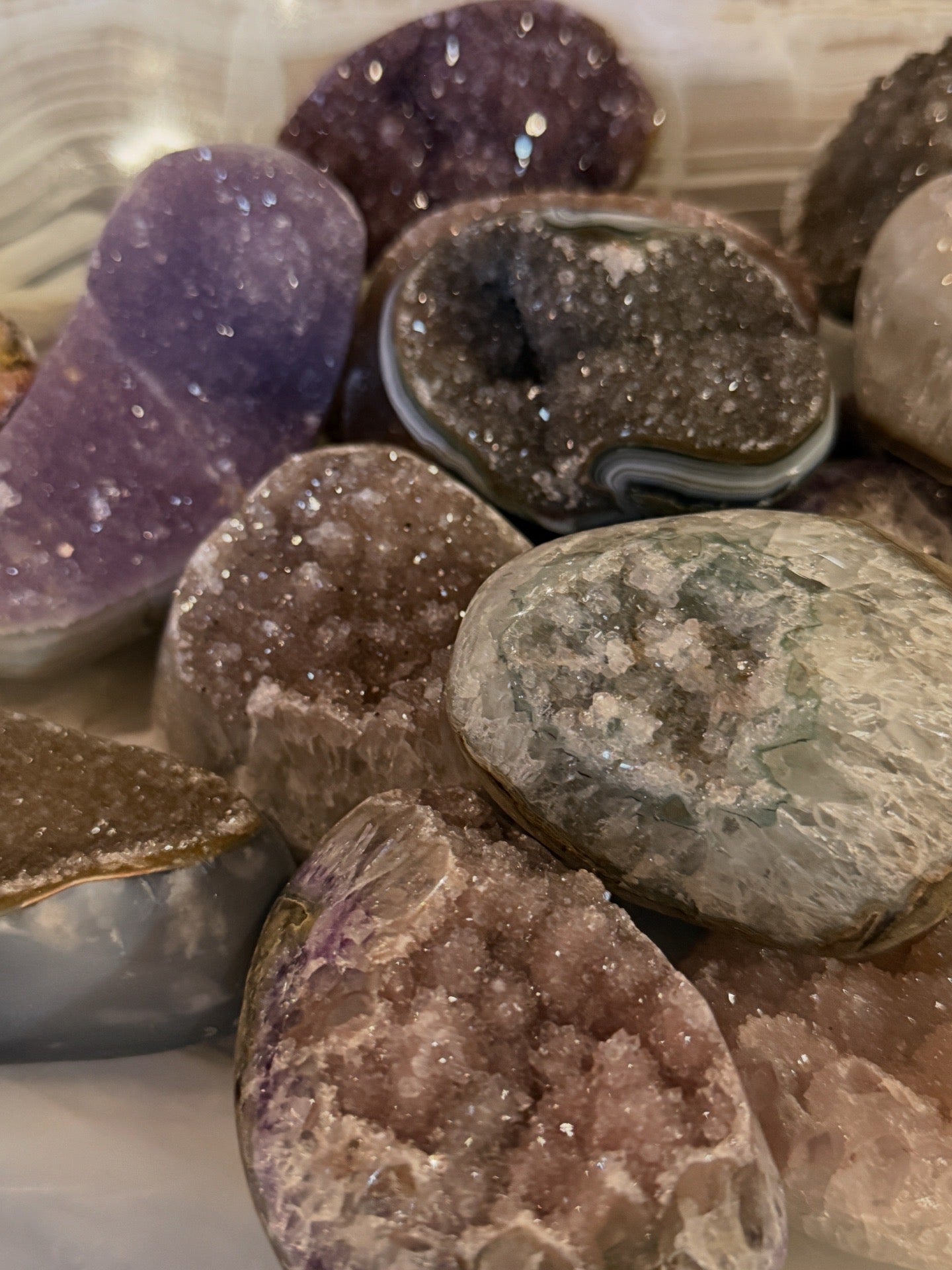 Small polished agate geodes with sparkling druzy pockets shades vary 